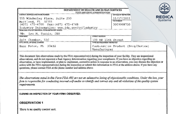 FDA 483 - Salt Chamber, LLC [Boca Raton / United States of America] - Download PDF - Redica Systems