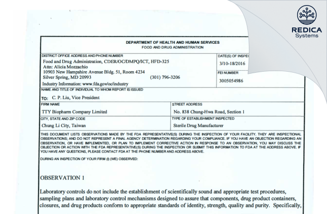 FDA 483 - TTY Biopharm Company Limited (Chung-Li Factory) [Taoyuan City / Taiwan] - Download PDF - Redica Systems