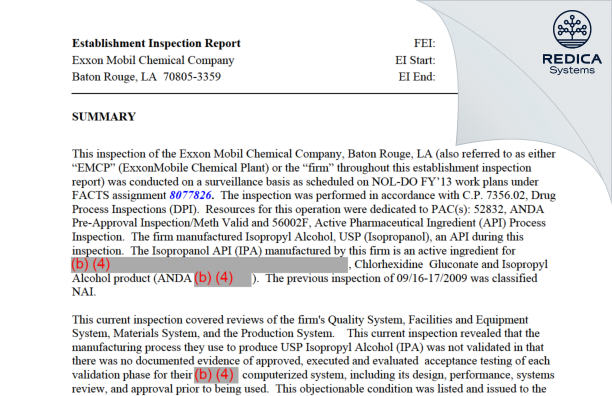 EIR - Exxonmobil Product Solutions Company [Baton Rouge / United States of America] - Download PDF - Redica Systems