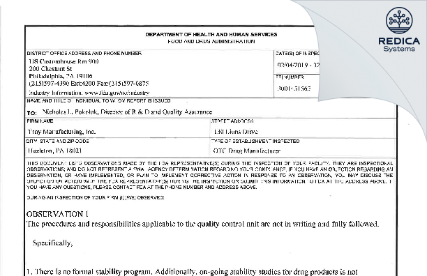 FDA 483 - Troy Manufacturing, Inc. [Hazleton Pennsylvania / United States of America] - Download PDF - Redica Systems
