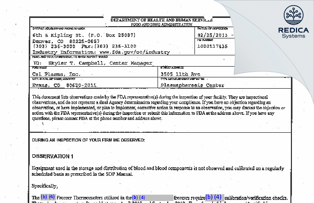 FDA 483 - CSL Plasma Inc. [Evans / United States of America] - Download PDF - Redica Systems