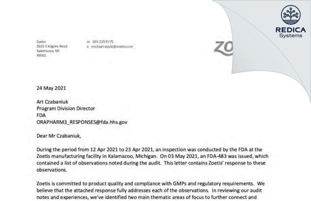 FDA 483 Response - Zoetis LLC [Kalamazoo / United States of America] - Download PDF - Redica Systems