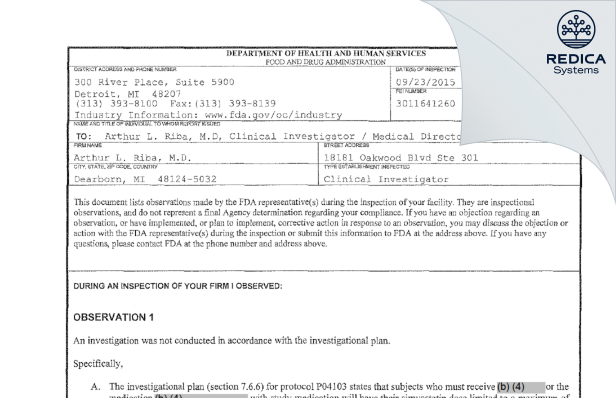 FDA 483 - Arthur Riba, M.D. [Dearborn / United States of America] - Download PDF - Redica Systems
