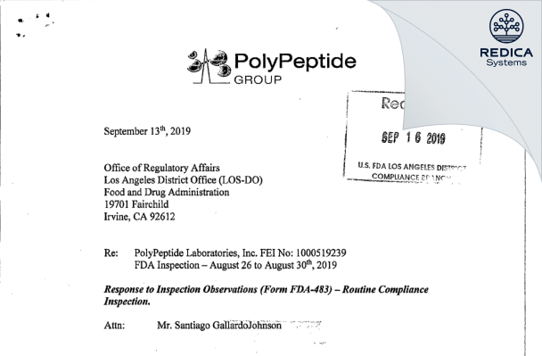 FDA 483 Response - Polypeptide Laboratories Inc [Torrance / United States of America] - Download PDF - Redica Systems