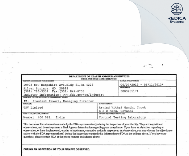 FDA 483 - USV Private Limited [Mumbai / India] - Download PDF - Redica Systems