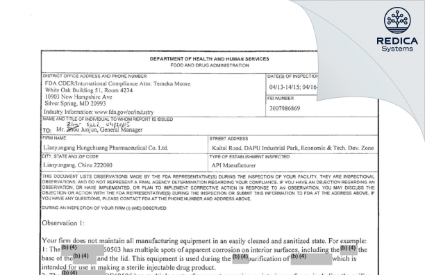 FDA 483 - Jiangsu Hansoh Pharmaceutical Group Co., Ltd. [China / China] - Download PDF - Redica Systems