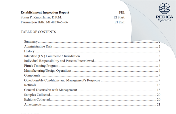 EIR - Susan P. King-Harris, D.P.M. [Farmington Hills / United States of America] - Download PDF - Redica Systems