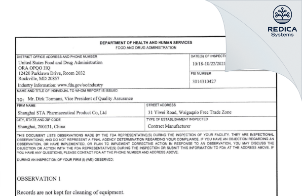 FDA 483 - Shanghai STA Pharmaceutical Product Co., Ltd (Building 7) [China / China] - Download PDF - Redica Systems