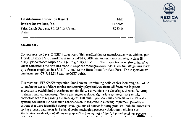 EIR - Biomet 3i, LLC [Palm Beach Gardens / United States of America] - Download PDF - Redica Systems