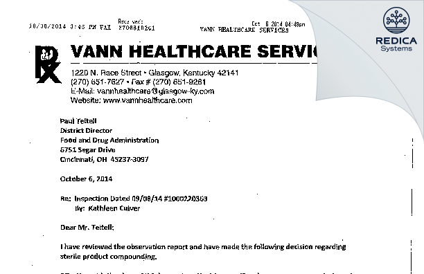 FDA 483 Response - Vann Healthcare Services Inc [Glasgow / United States of America] - Download PDF - Redica Systems