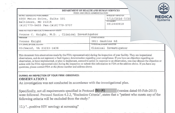 FDA 483 - Yvonne Knight [Richmond / United States of America] - Download PDF - Redica Systems