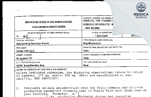 FDA 483 - Eli Lilly Italia S.p.A. [Sesto / Italy] - Download PDF - Redica Systems