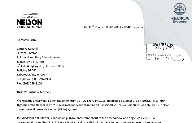 FDA 483 Response - Nelson Laboratories, LLC [Salt Lake City / United States of America] - Download PDF - Redica Systems