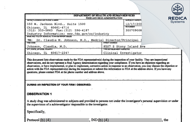 FDA 483 - Johnson, Claudia, M.D. [Chicago / United States of America] - Download PDF - Redica Systems