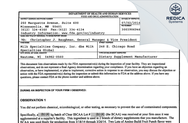 FDA 483 - Milk Specialties Company [Wautoma / United States of America] - Download PDF - Redica Systems