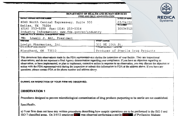 FDA 483 - Lowlyn Pharmacies, Inc. [Blanchard / United States of America] - Download PDF - Redica Systems