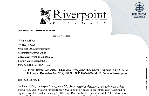 FDA 483 Response - First Pharma Associates LLC dba Riverpoint Pharmacy [Spokane / United States of America] - Download PDF - Redica Systems