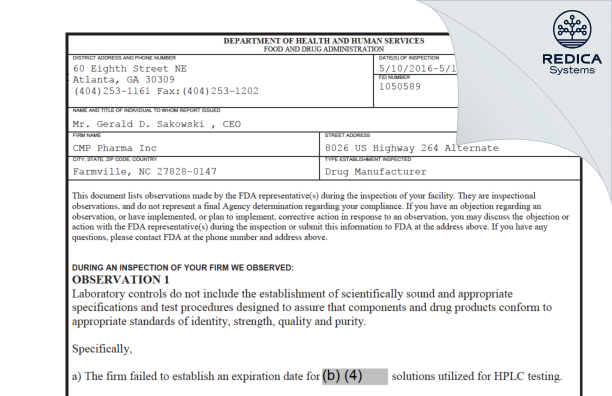 FDA 483 - CMP Pharma, Inc. [Farmville / United States of America] - Download PDF - Redica Systems