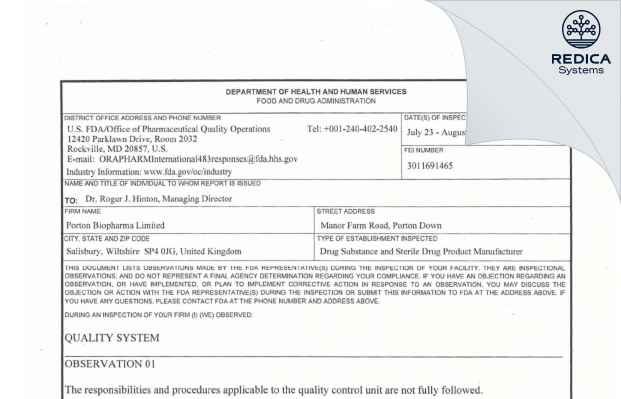 FDA 483 - Porton Biopharma Limited [Salisbury / United Kingdom of Great Britain and Northern Ireland] - Download PDF - Redica Systems