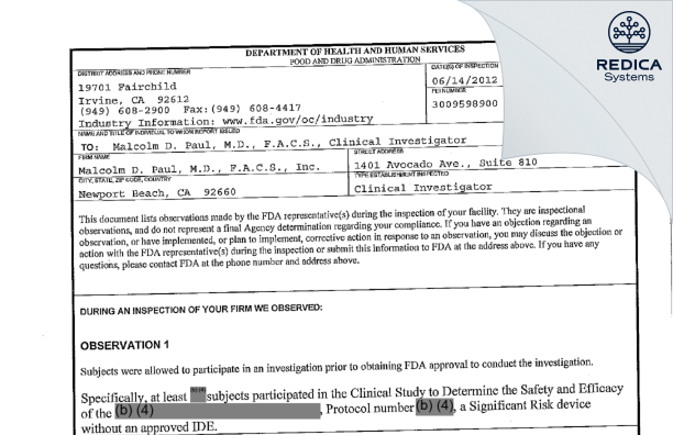 FDA 483 - Malcolm D. Paul, M.D., F.A.C.S., Inc. [Newport Beach / United States of America] - Download PDF - Redica Systems