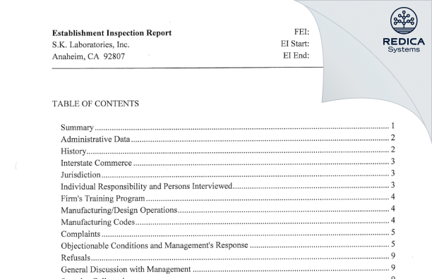 EIR - S.K. Laboratories, Inc. [Anaheim / United States of America] - Download PDF - Redica Systems