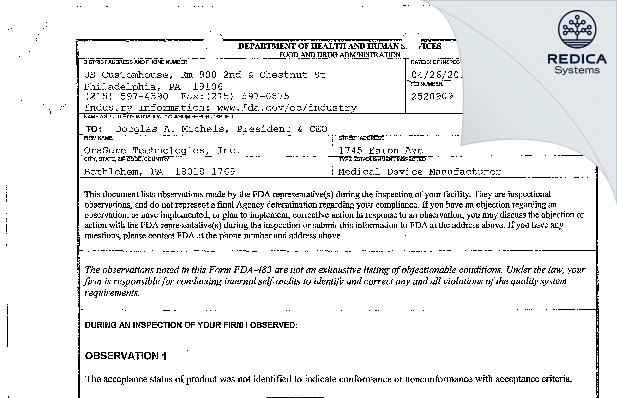 FDA 483 - OraSure Technologies, Inc. [Bethlehem / United States of America] - Download PDF - Redica Systems