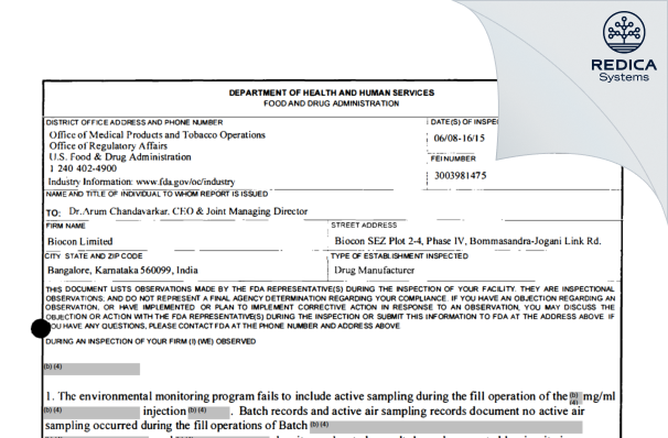 FDA 483 - Biocon Biologics Limited [India / India] - Download PDF - Redica Systems
