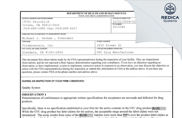 FDA 483 - Vitaminerals, Inc. [Glendale / United States of America] - Download PDF - Redica Systems