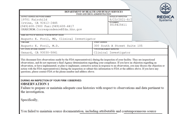 FDA 483 - Augusto E. Focil, M.D. [Oxnard / United States of America] - Download PDF - Redica Systems