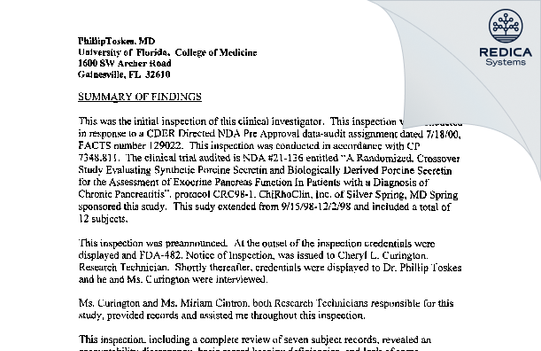 EIR - Philip Toskes, M.D. [Gainesville / United States of America] - Download PDF - Redica Systems