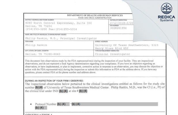 FDA 483 - Philip Raskin [Dallas / United States of America] - Download PDF - Redica Systems