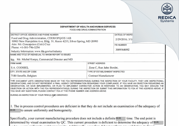 FDA 483 - Le Conditionnement Belge [Seneffe / Belgium] - Download PDF - Redica Systems