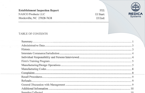 EIR - NASCO Products LLC [Mocksville / United States of America] - Download PDF - Redica Systems