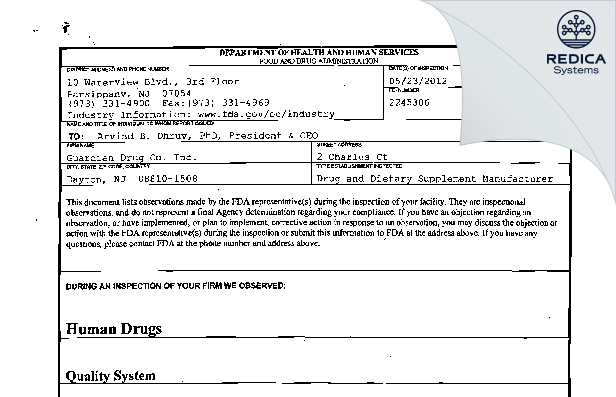 FDA 483 - Guardian Drug Company [Dayton / United States of America] - Download PDF - Redica Systems