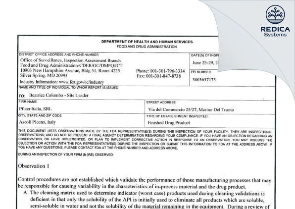 FDA 483 - Pfizer Italia S.r.l. [Italy / Italy] - Download PDF - Redica Systems