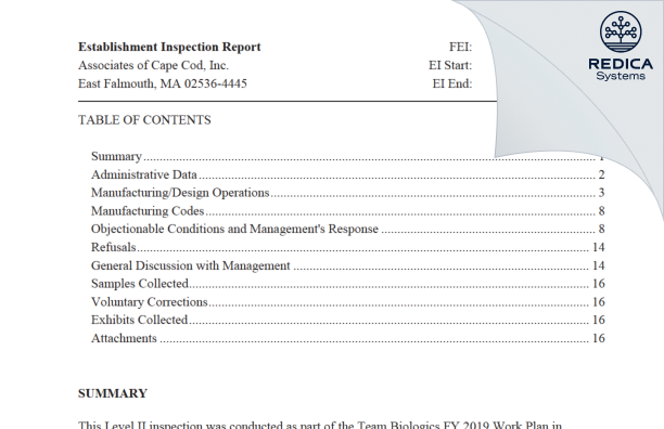 EIR - Associates of Cape Cod, Inc. [Falmouth / United States of America] - Download PDF - Redica Systems