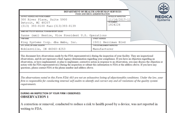 FDA 483 - King Systems Corp. dba Ambu, Inc. [Noblesville / United States of America] - Download PDF - Redica Systems