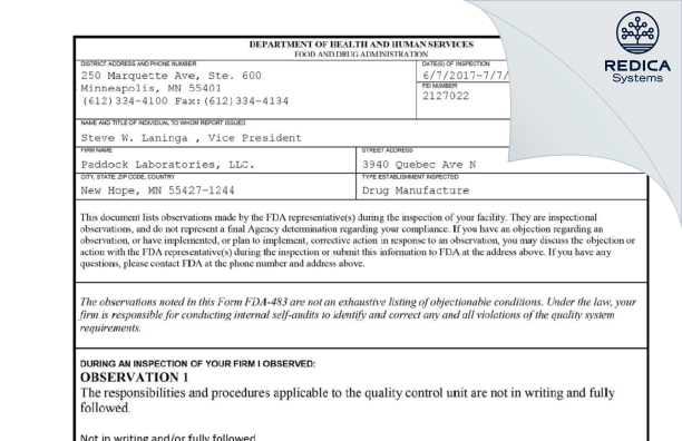 FDA 483 - Padagis US LLC [Minneapolis / United States of America] - Download PDF - Redica Systems