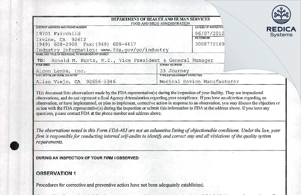 FDA 483 - Alcon LenSx, Inc. [Aliso Viejo / United States of America] - Download PDF - Redica Systems