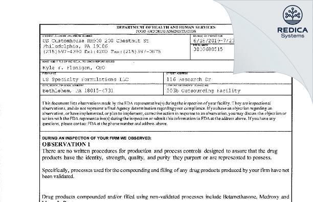 FDA 483 - US Specialty Formulations LLC [Allentown Pennsylvania / United States of America] - Download PDF - Redica Systems
