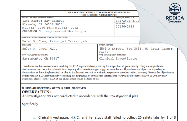 FDA 483 - Helen K. Chew, M.D. [Sacramento / United States of America] - Download PDF - Redica Systems