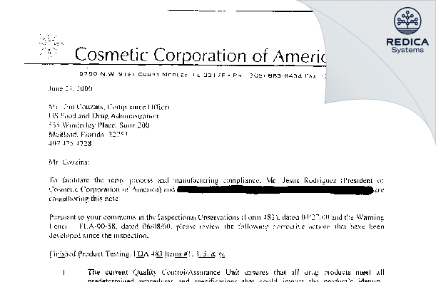 FDA 483 Response - Cosmetic Corporation of America [Medley / United States of America] - Download PDF - Redica Systems