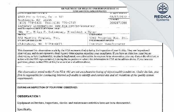 FDA 483 - BCS Machine Company, Inc. [Eldersburg / United States of America] - Download PDF - Redica Systems