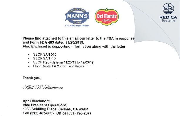 FDA 483 Response - Mann Packing LLC. [Salinas / United States of America] - Download PDF - Redica Systems