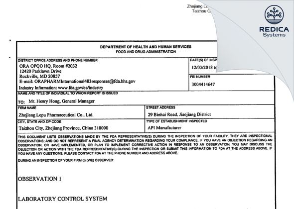 FDA 483 - ZHEJIANG LEPU PHARMACEUTICAL CO., LTD. [China / China] - Download PDF - Redica Systems