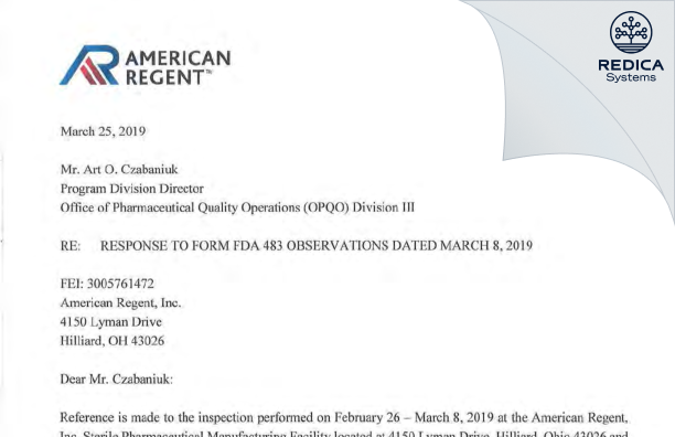 FDA 483 Response - American Regent, Inc. [Hilliard Ohio / United States of America] - Download PDF - Redica Systems