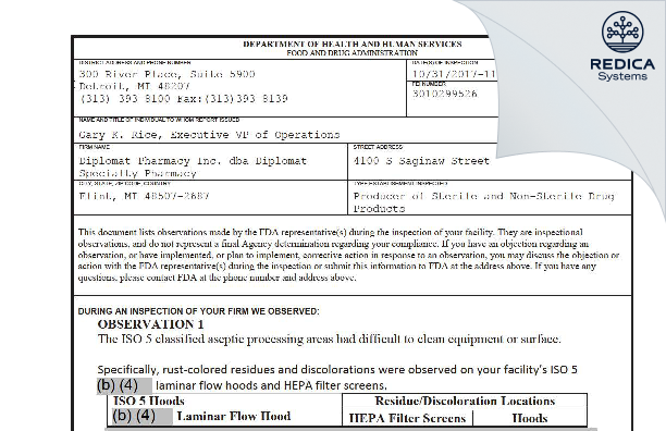 FDA 483 - Diplomat Pharmacy Inc. dba Diplomat Specialty Pharmacy [Flint / -] - Download PDF - Redica Systems