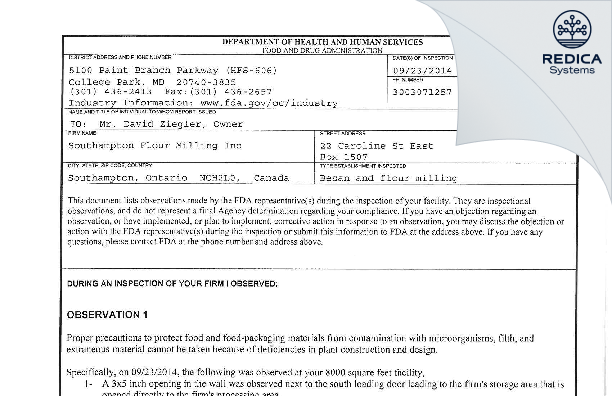 FDA 483 - Southampton Flour Milling Inc [Southampton / Canada] - Download PDF - Redica Systems
