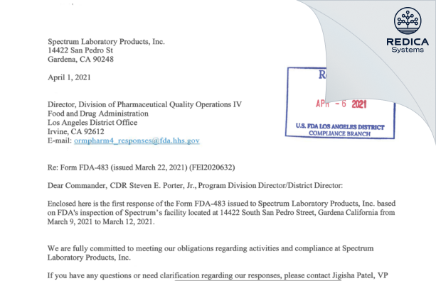 FDA 483 Response - SPECTRUM LABORATORY PRODUCTS INC. dba SPECTRUM CHEMICAL MFG. CORP. [Gardena California / United States of America] - Download PDF - Redica Systems