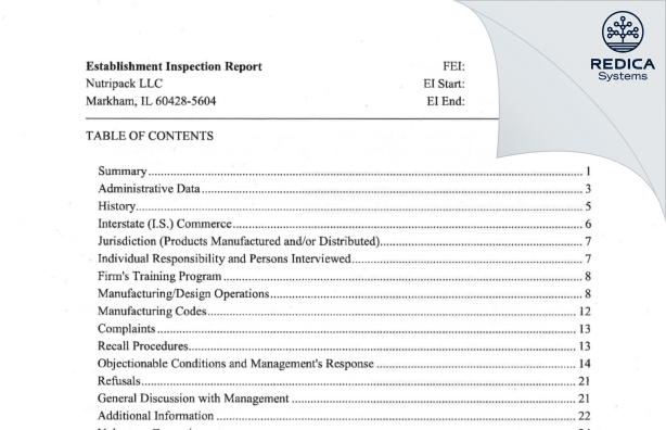 EIR - Nutripack LLC [Markham / United States of America] - Download PDF - Redica Systems